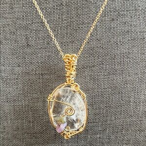 Gold Wire Wrapped Clear Quartz Crystal Pendant Necklace